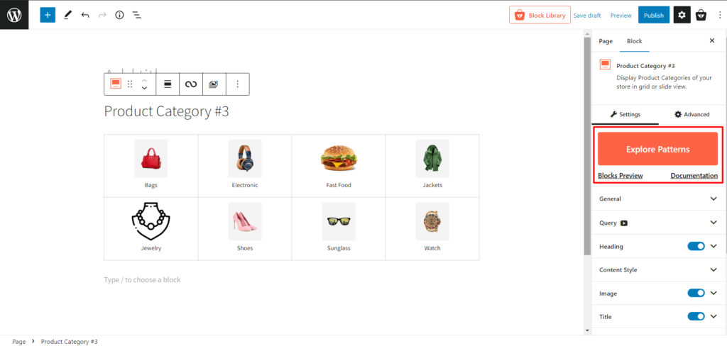 ProductX WooCommerce 產品類別 #3:創建和自定義指南 5 Explore Patterns Settings PC#3
