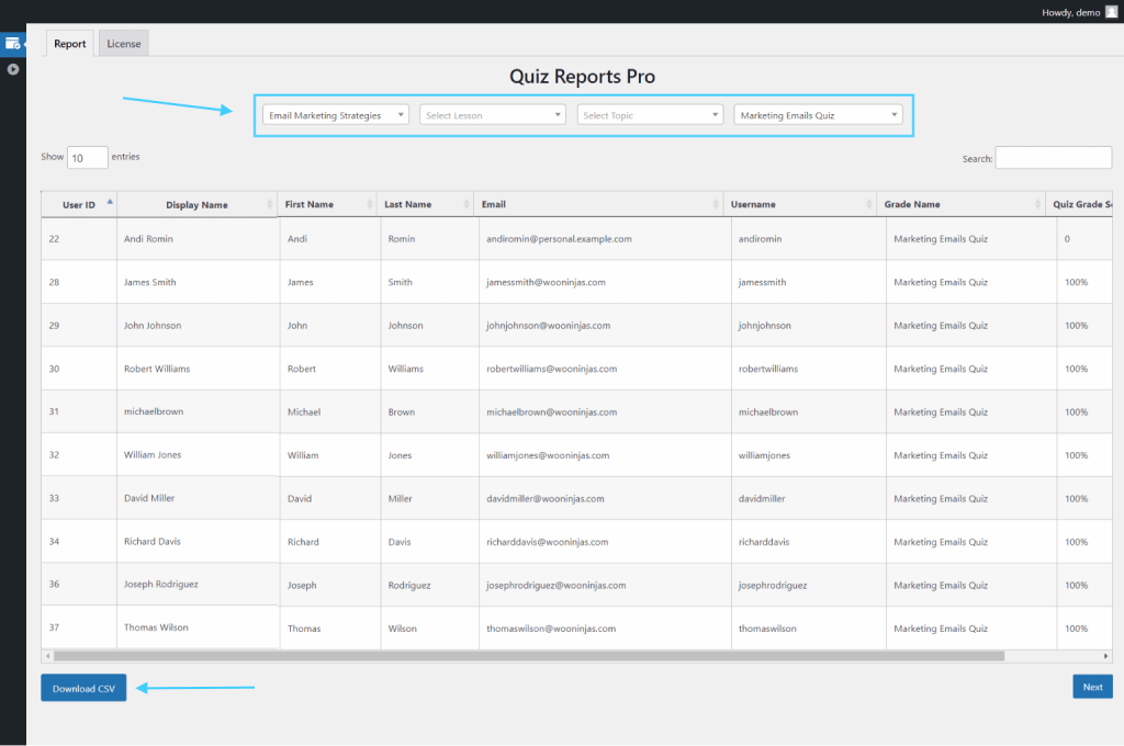 relatórios personalizados para download no LearnDash-quiz-reports-PRO