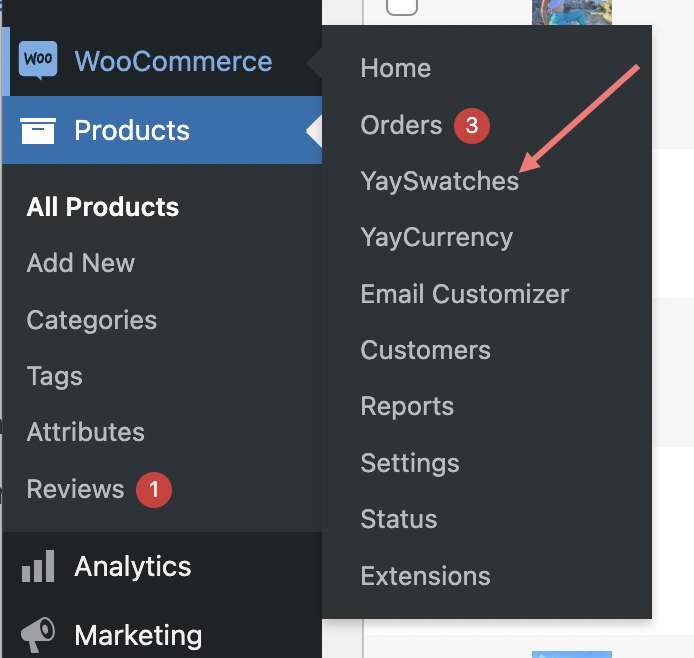 woocommerce 到 wordpress 管理員中的 yayswatches 選項卡