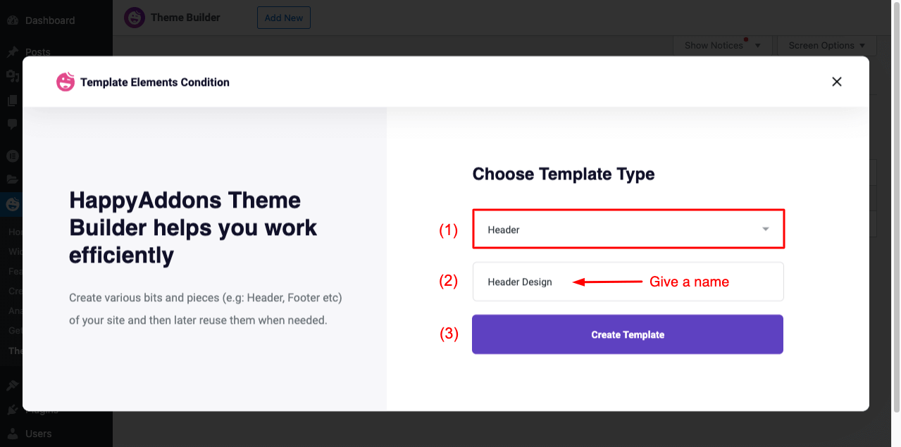 Comment créer un en-tête et un pied de page dans Elementor gratuitement (exemples + conseils) 4 Select-Header-from-the-Template-Elements-Conditions-of-HappyAddons