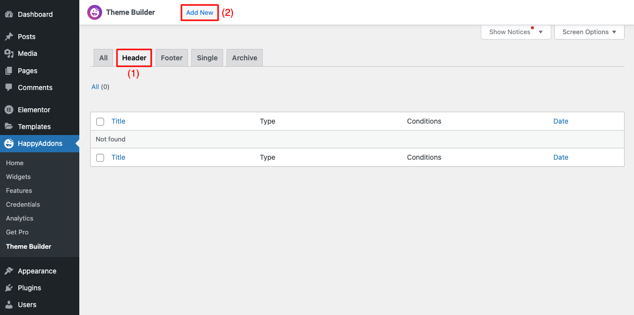 Comment créer un en-tête et un pied de page dans Elementor gratuitement (exemples + conseils) 3 Select Header from HappyAddons Theme Builder