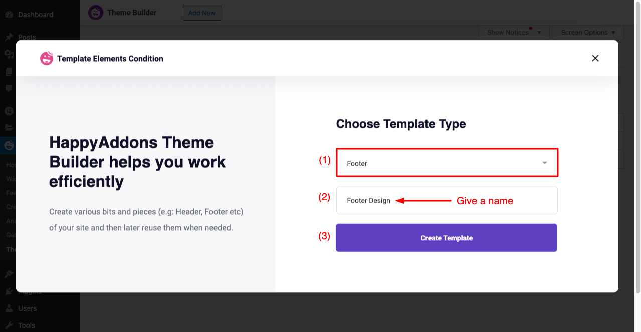 Comment créer un en-tête et un pied de page dans Elementor gratuitement (exemples + conseils) 13 Choose Footer from the Template Elements Condition