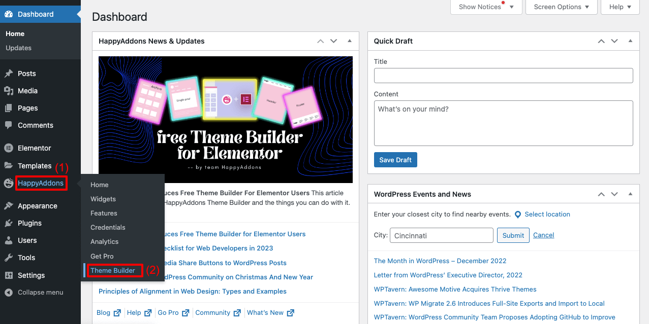 Comment créer un en-tête et un pied de page dans Elementor gratuitement (exemples + conseils) 2 Open Theme Builder from HappyAddons