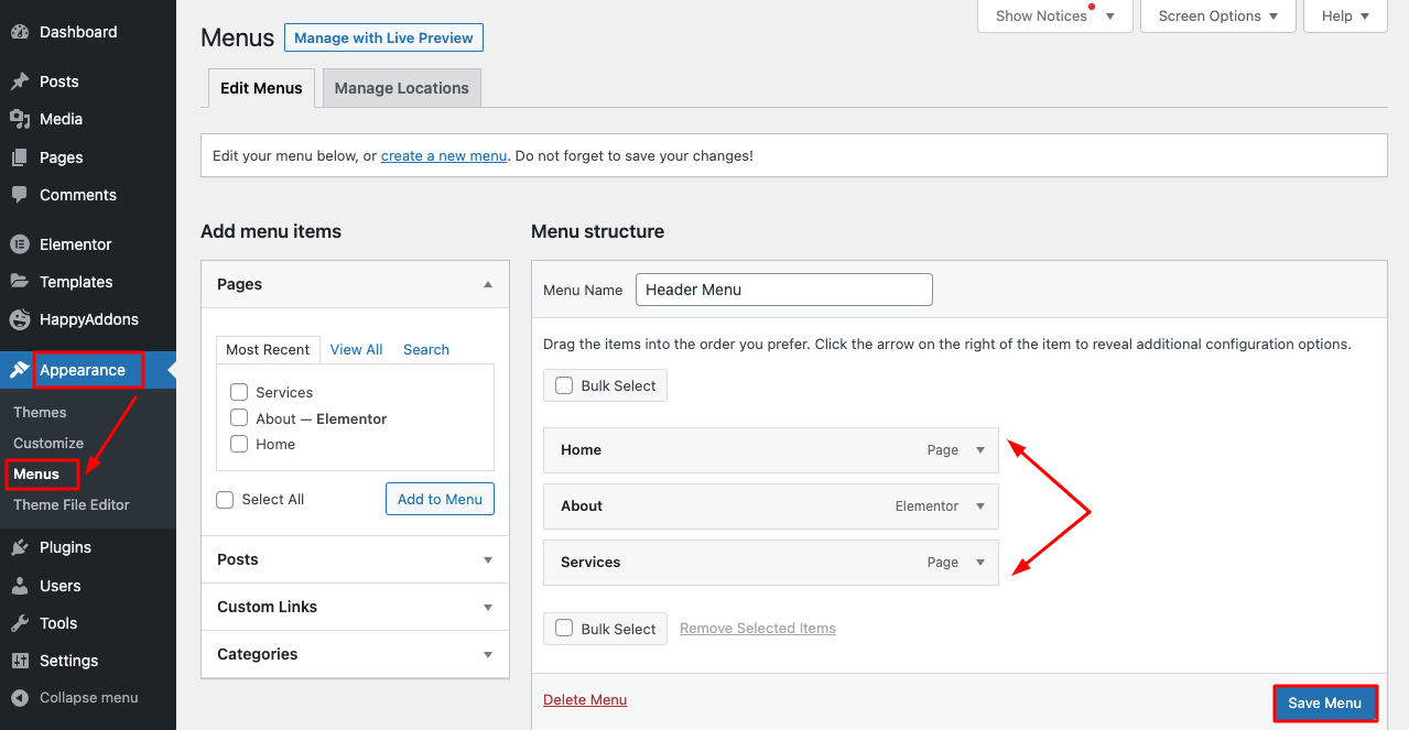 Comment créer un en-tête et un pied de page dans Elementor gratuitement (exemples + conseils) 8 Create Menu from the Appearance Section