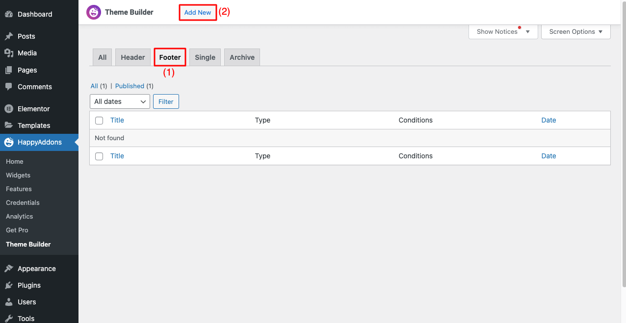 Comment créer un en-tête et un pied de page dans Elementor gratuitement (exemples + conseils) 12 Select Builder from HappyAddons Theme Builder