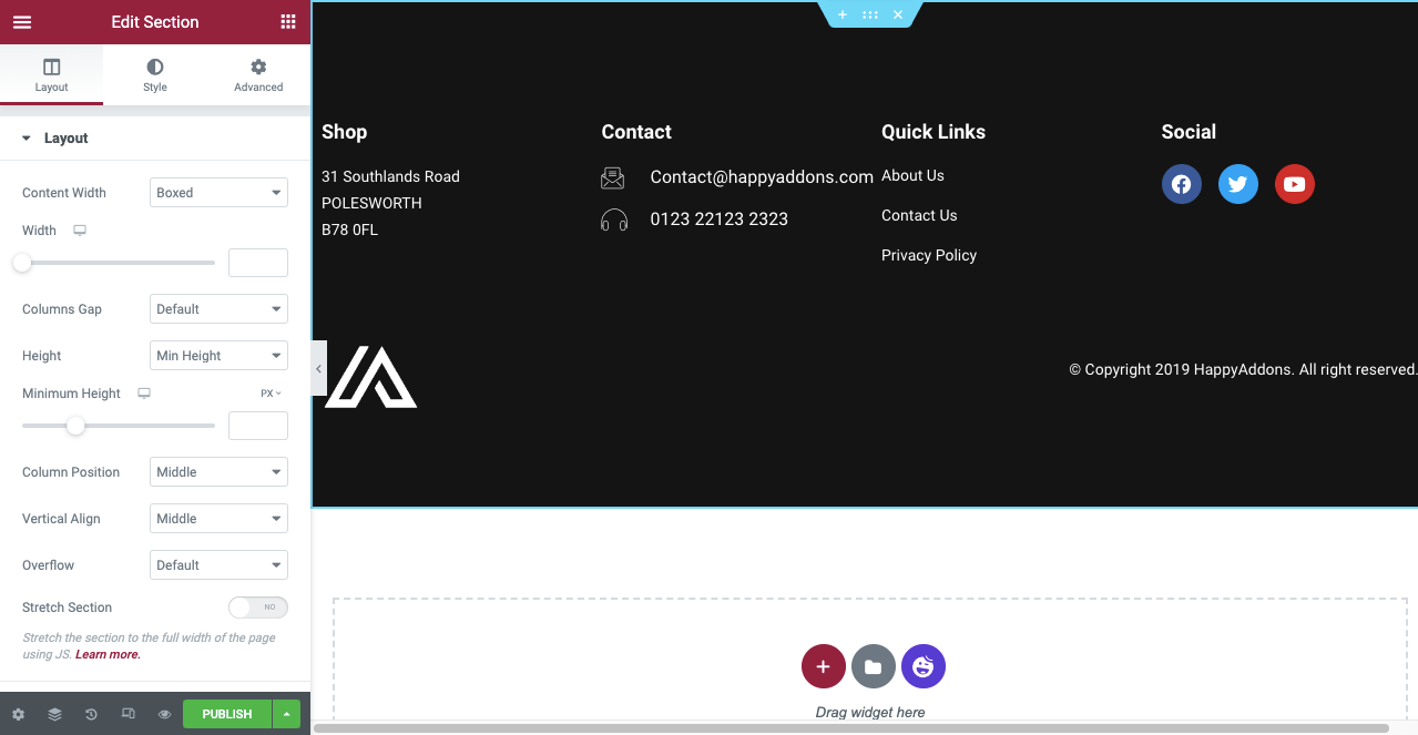 Comment créer un en-tête et un pied de page dans Elementor gratuitement (exemples + conseils) 14 Customize Your Footer with HappyAddons