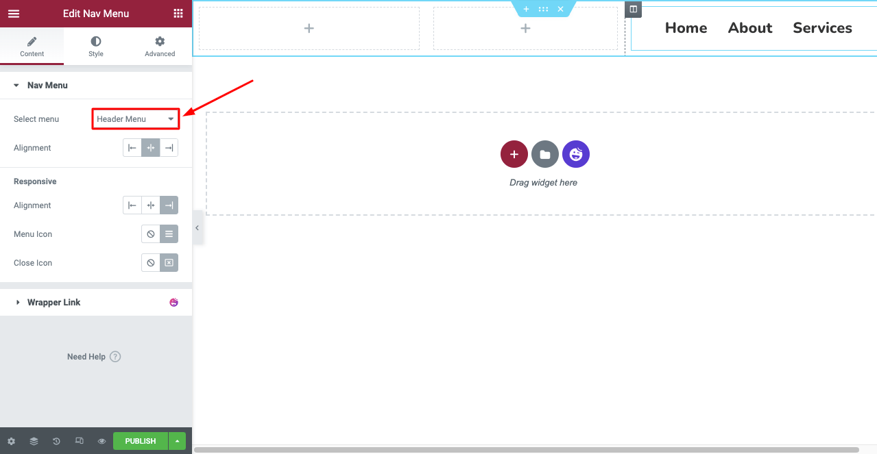 Comment créer un en-tête et un pied de page dans Elementor gratuitement (exemples + conseils) 7 Select Header Menu