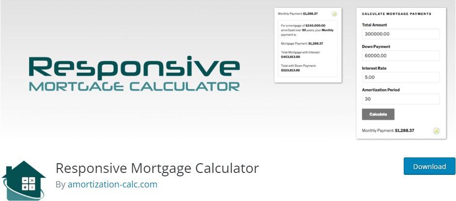 Responsive Mortgage Calculator - ปลั๊กอินเครื่องคิดเลข WordPress ฟรี