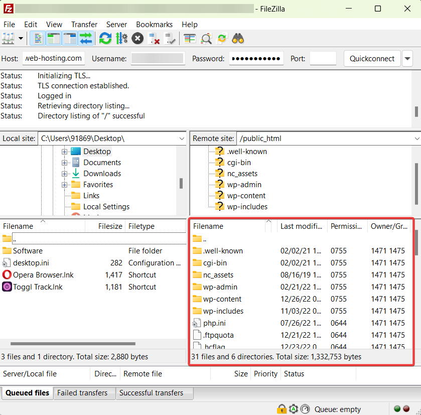 arquivos html públicos no FileZilla