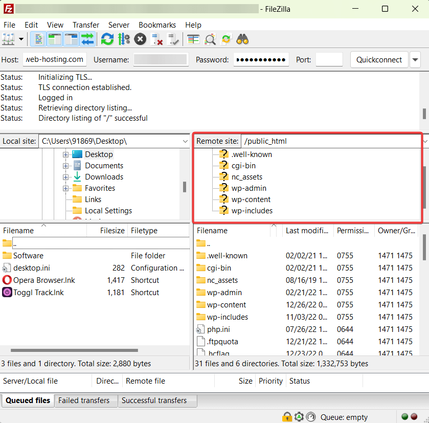 foldere html publice în FileZilla