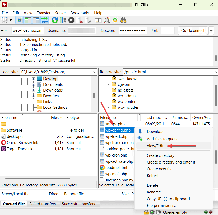 editando o arquivo wpconfig no FileZilla