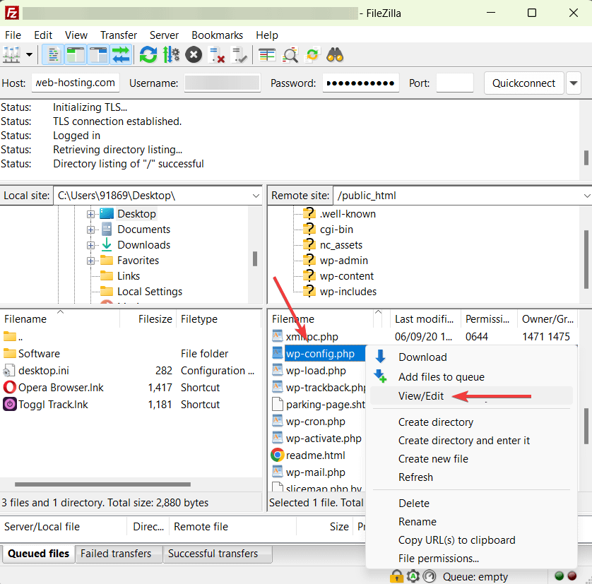 FileZilla에서 wpconfig 파일 편집