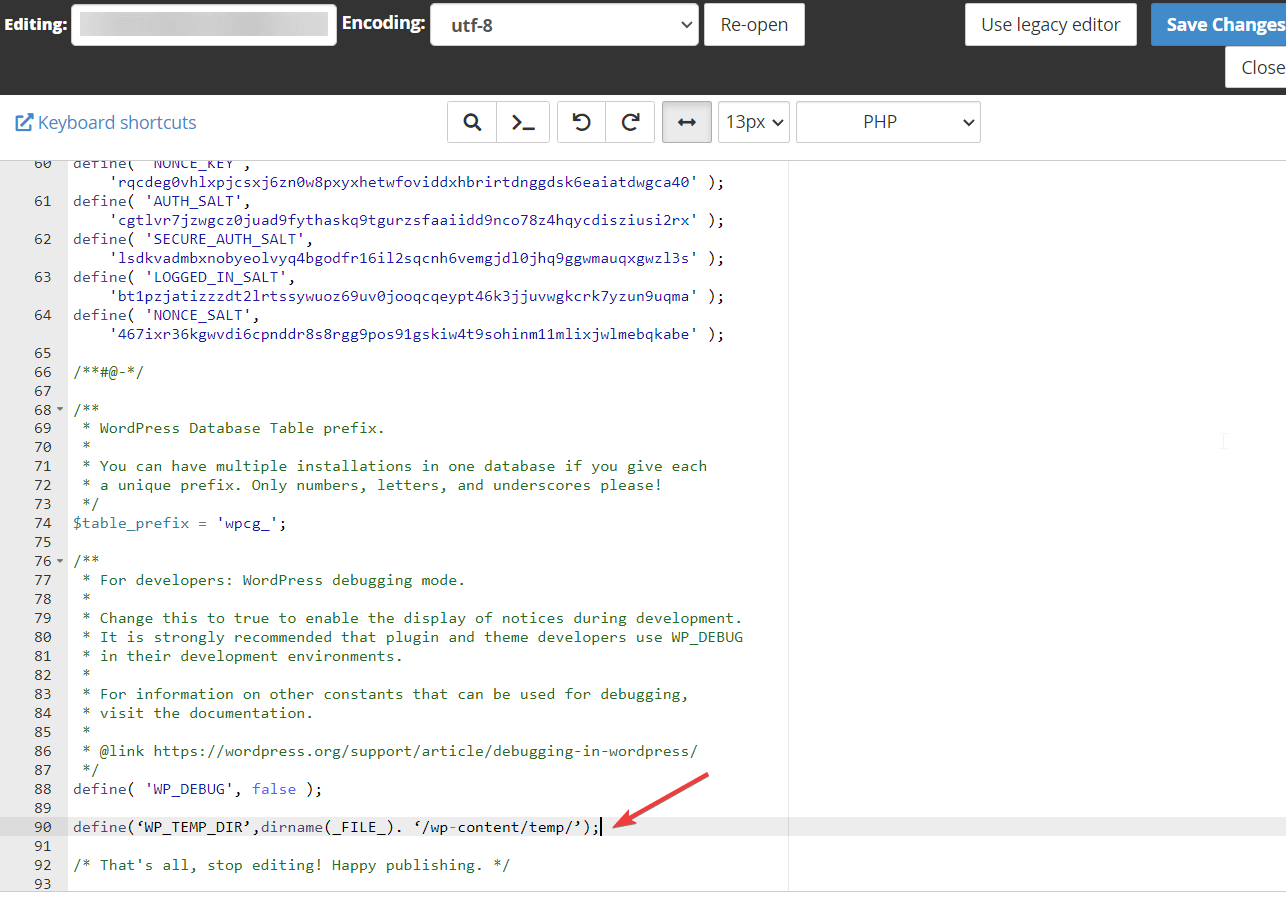 adicionando trecho de código ao arquivo wpconfig