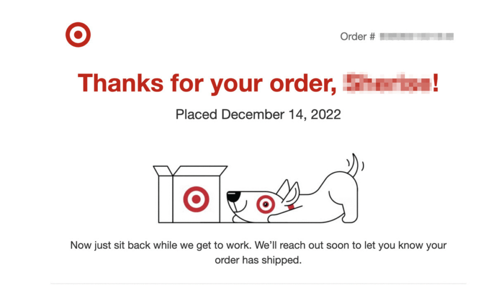 Halaman terima kasih untuk pesanan eCommerce di Target.com.