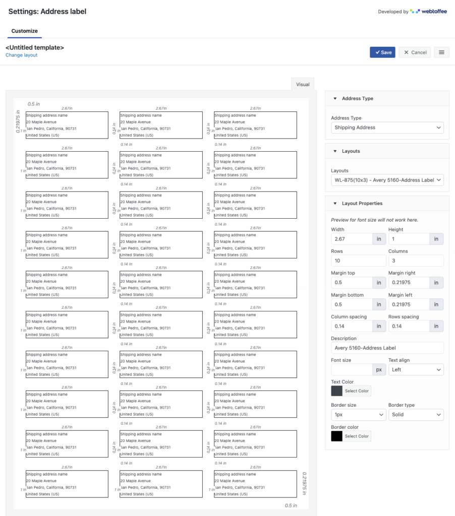 Configurações da etiqueta de endereço