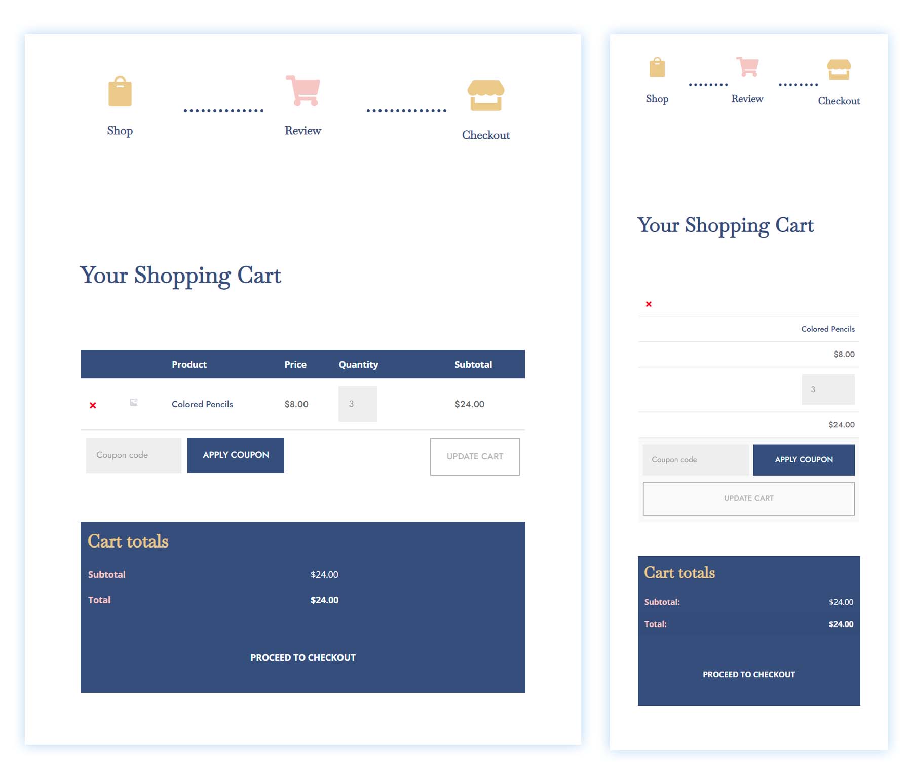 WooCommerce 購物車頁面時間軸平板電腦和移動視圖