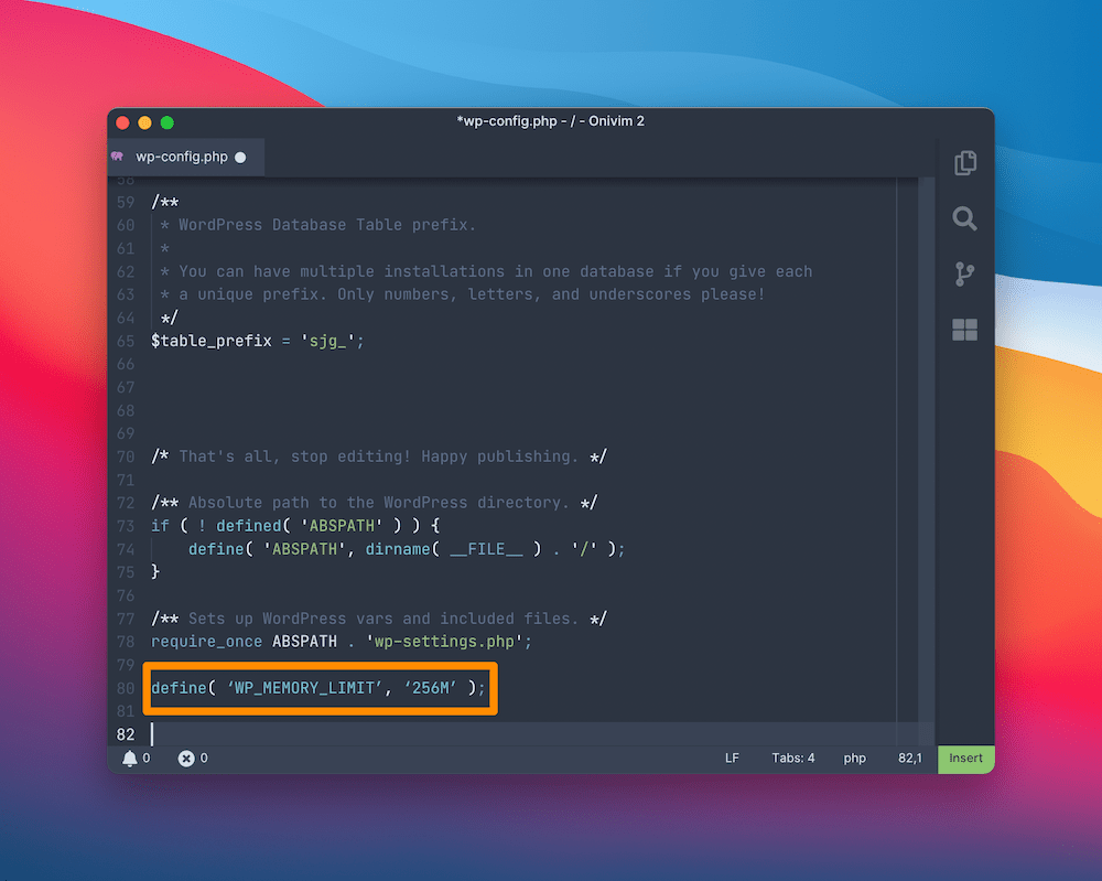 L'éditeur Onivim2 affichant un fichier wp-config.php ouvert, avec la ligne de limite de mémoire en surbrillance.