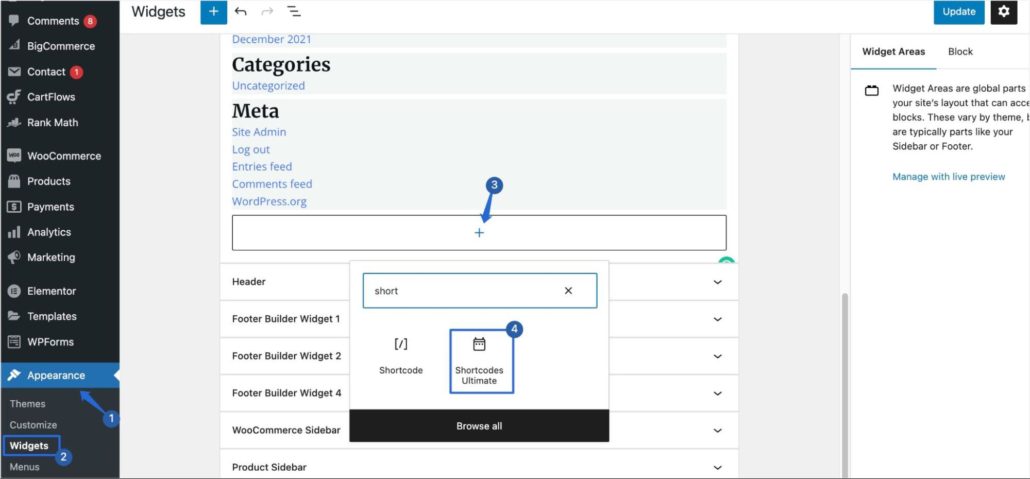 Rechercher le bloc Shortcodes Ultimate sur la page des widgets
