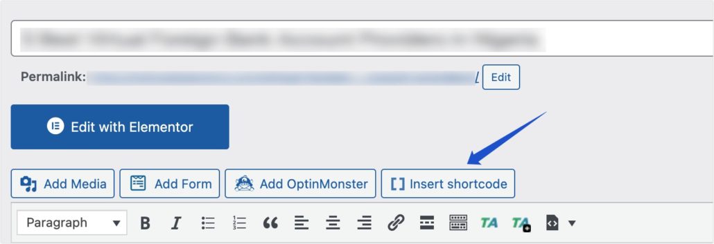 Cliquez sur Insérer un shortcode dans l'éditeur classique