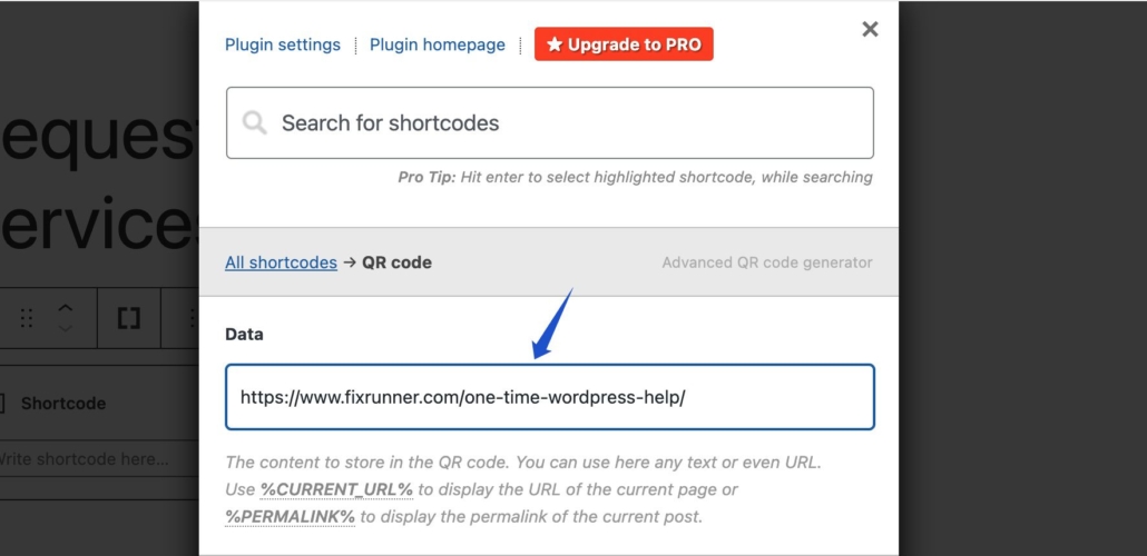 Entrez le lien du code QR WordPress dans le champ de données