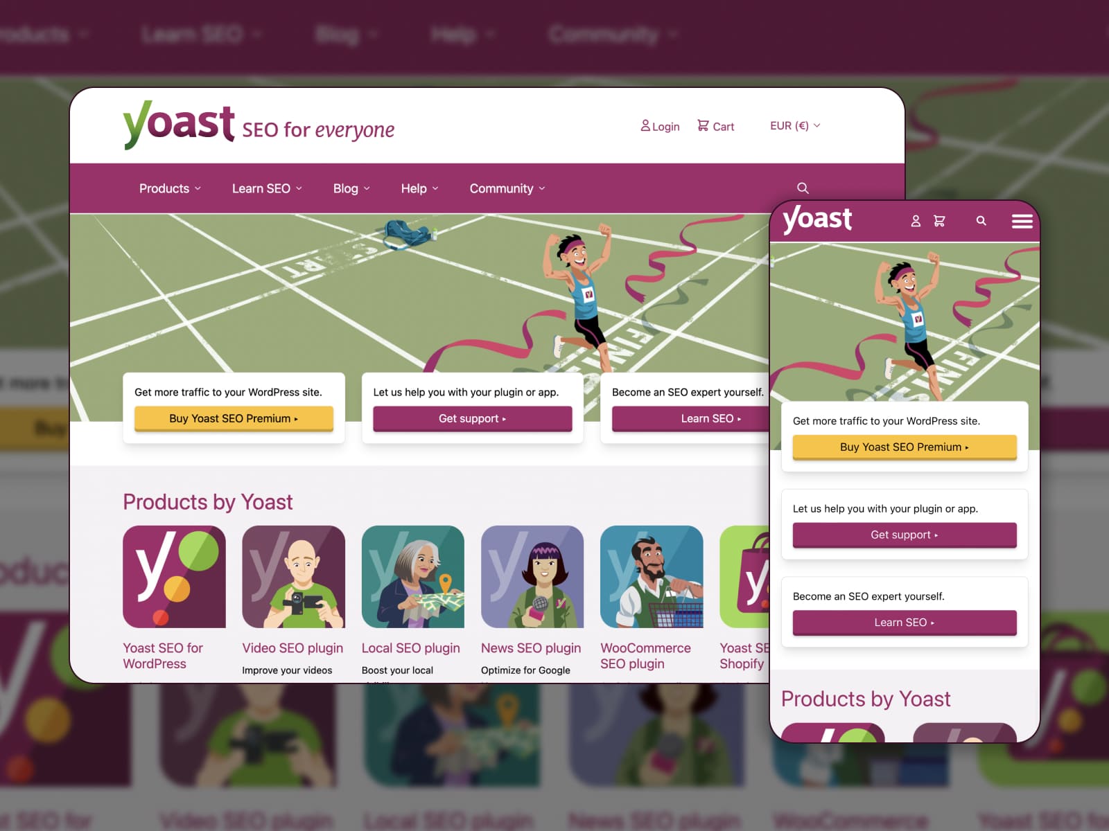Collage Yoast SEO, conçu avec des couleurs vertes et violettes.