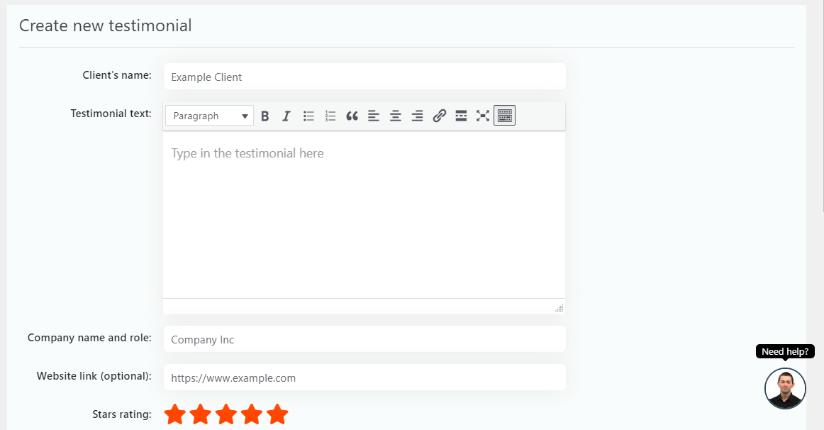 Criando um depoimento em Stars Testimonials