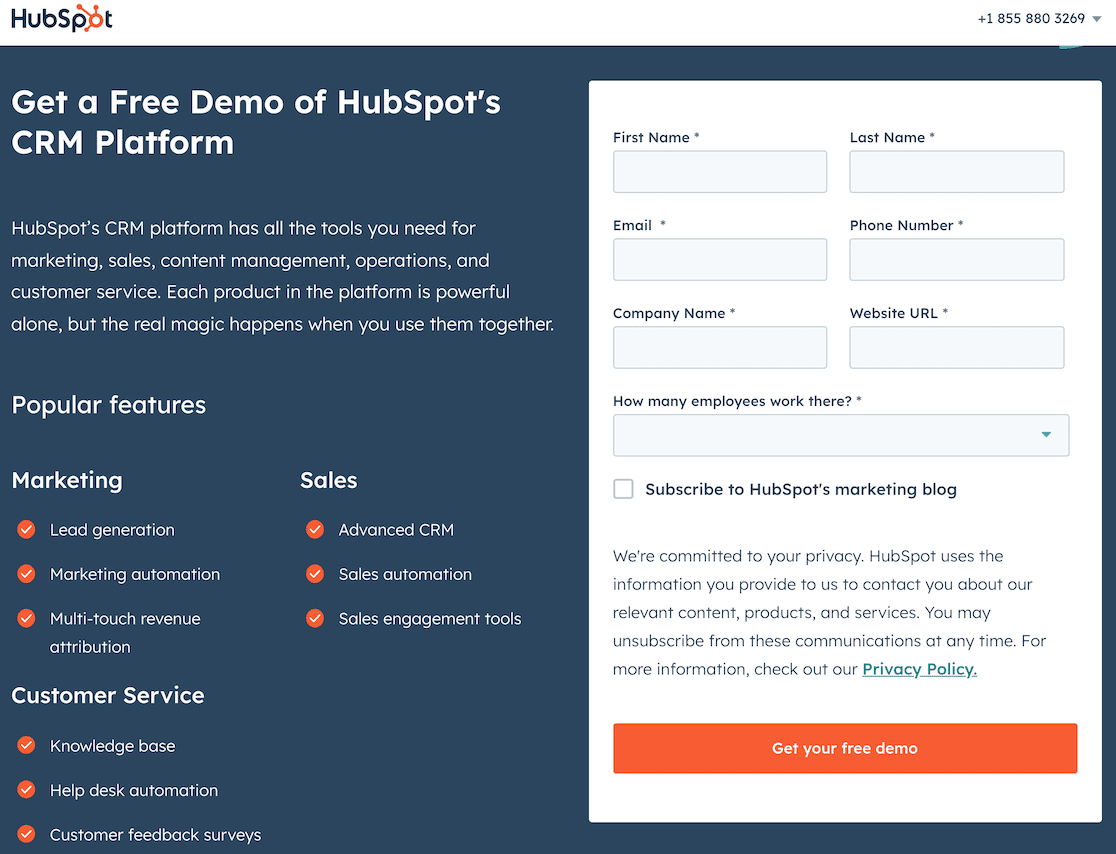 A lead form page on HubSpot