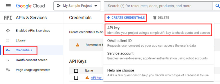 Crea credenziali e chiave API