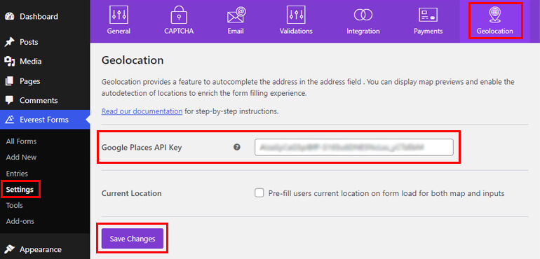 Incolla la chiave API di Google Places
