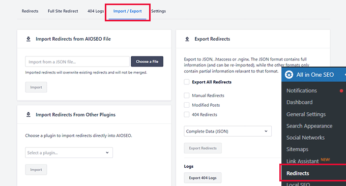 リダイレクトのインポートまたはエクスポート Import or export redirects
