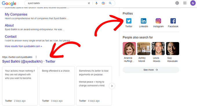 検索結果でのユーザーのソーシャル メディア プロファイル User's social media profiles in search results