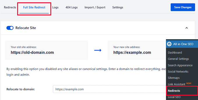 All in One SEO での完全なサイト リダイレクト Full site redirect in All in One SEO