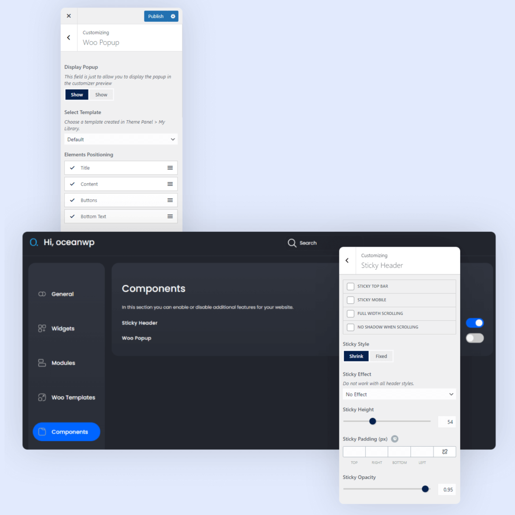 screenshot della dashboard del plug-in premium Ocean eCommerce che mostra i punti più significativi della scheda Componenti