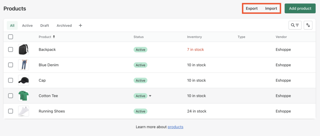 Outil d'importation et d'exportation de produits dans Shopify