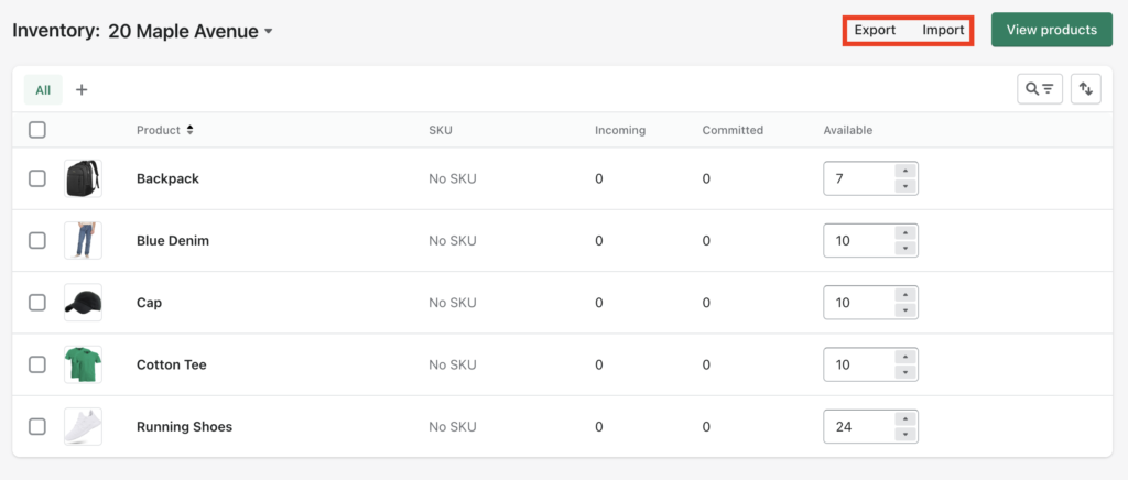 Alat ekspor impor inventaris di Shopify