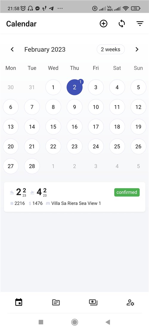 Kalendarz aplikacji mobilnej do rezerwacji hoteli.