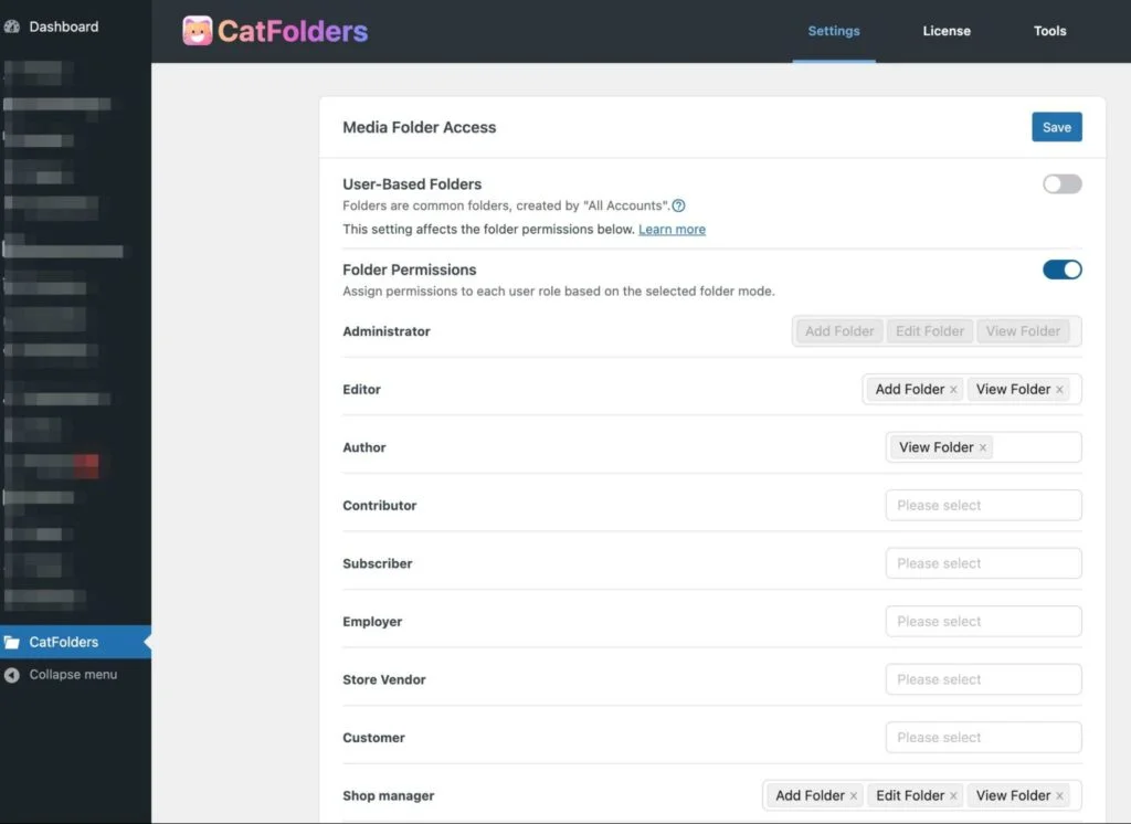 catfolders 为用户角色设置权限