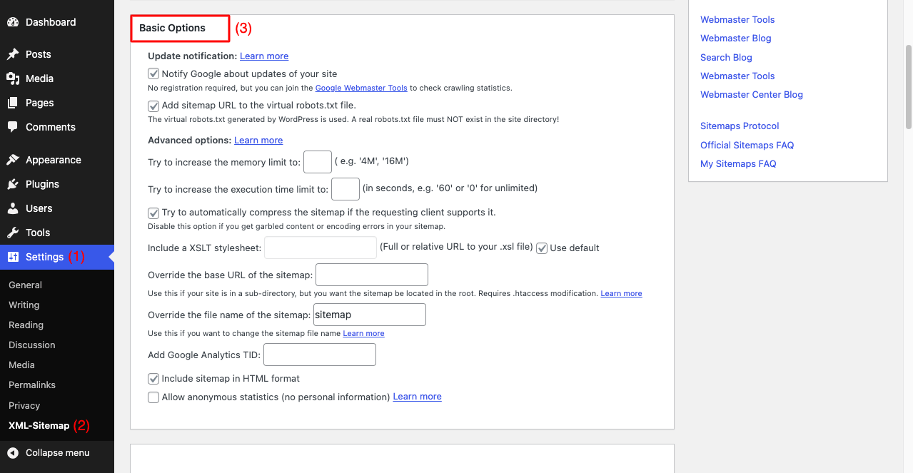 Complete the basic settings of XML Sitemap Plugin