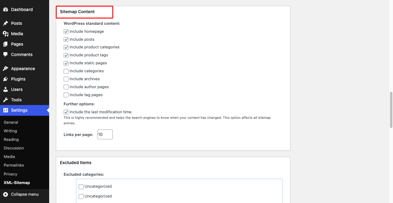 Include the type of content you want to show in sitemap using the XML Sitemap plugin