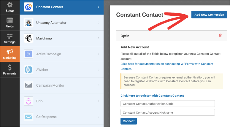 เพิ่มการเชื่อมต่อใหม่ใน wpforms - IsItWP - ตัวตรวจจับธีม WordPress ฟรี add new connection in wpforms
