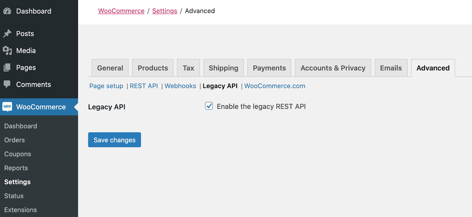 เปิดใช้งาน REST API เดิมในการตั้งค่า WooCommerce