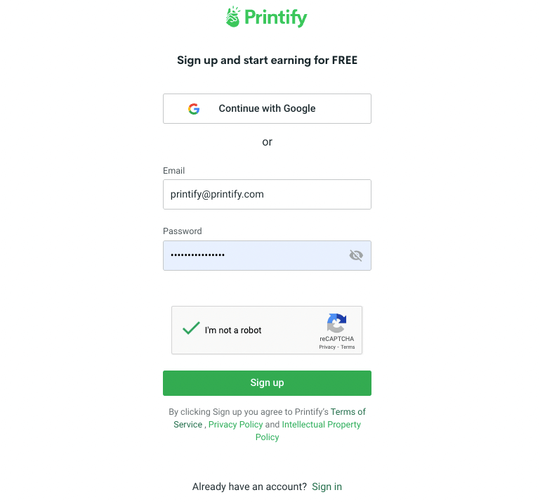 ลงทะเบียนเพื่อรับบัญชี Printify ฟรี
