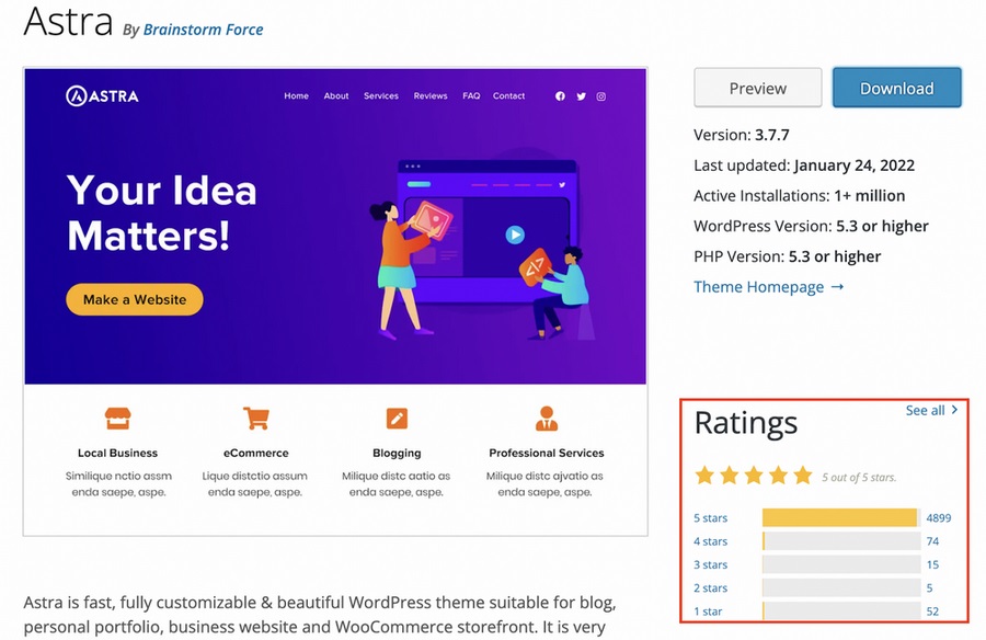 การให้คะแนนธีม WooCommerce ฟรีของ Astra