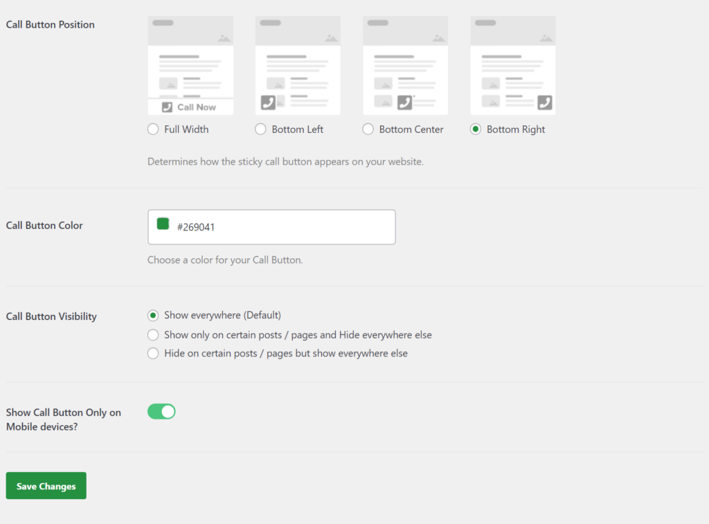 Impostazioni di progettazione del pulsante di chiamata in WordPress