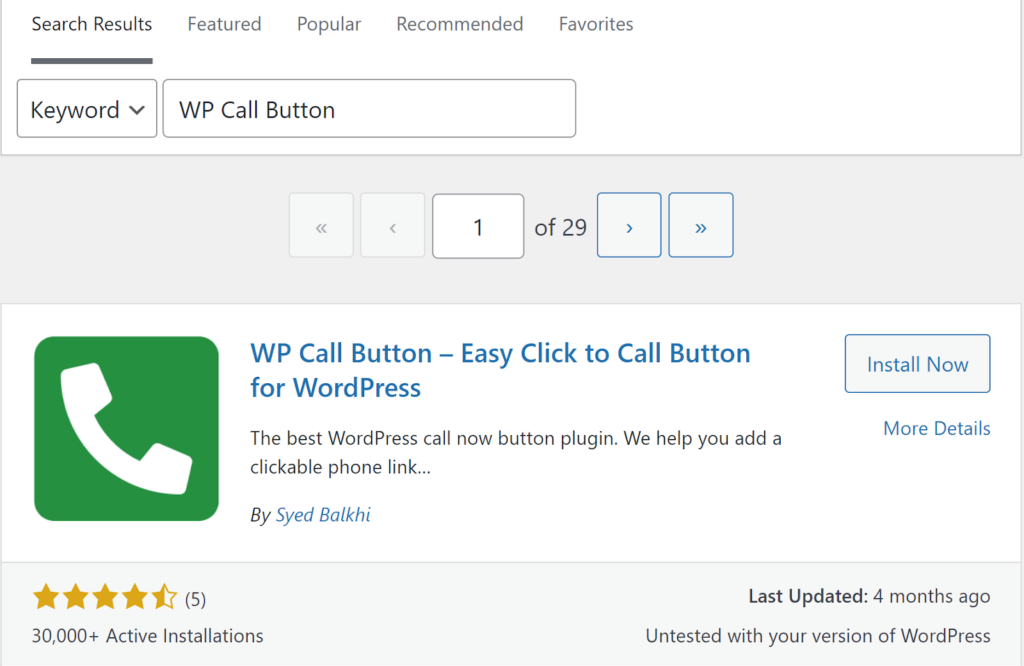 Il plug-in WP Call Button è mostrato nella libreria di WordPress