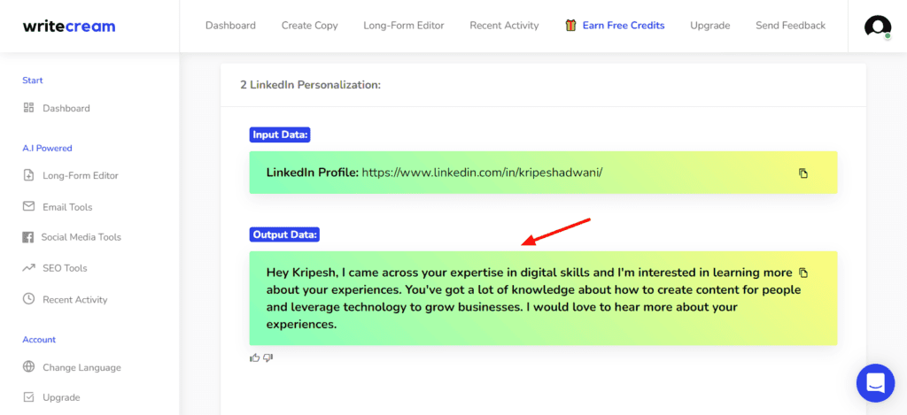 Writecream LinkedIn ส่วนบุคคล