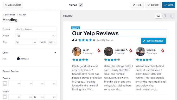 การเพิ่มส่วนหัวที่กำหนดเองในฟีดรีวิว Yelp, Facebook หรือ Google Adding a custom header to a Yelp, Facebook or Google review feed