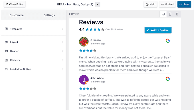 ฟีดรีวิวของ Google ที่สร้างขึ้นโดยใช้ Smash Balloon A Google review feed, created using Smash Balloon