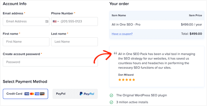 หน้าตรวจสอบการชำระเงินที่กำหนดเองพร้อมบทวิจารณ์ของลูกค้า A custom checkout review page, with customer reviews