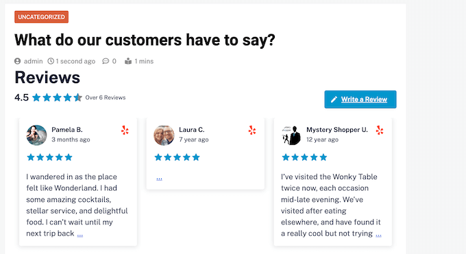 ตัวอย่างฟีดรีวิว Yelp An example of a Yelp review feed